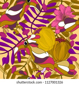 Vector floral ethnic seamless pattern in doodle style with flowers , leaves and birds . Gentle, spring/summer floral background.