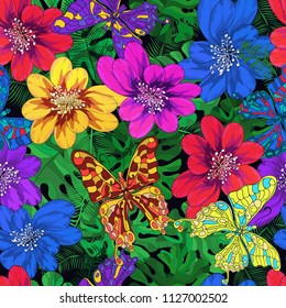 Vector floral ethnic seamless pattern in doodle style with flowers , leaves and butterflies . Gentle, spring/summer floral background.