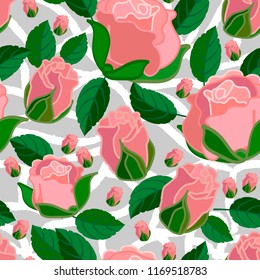 Vector floral ethnic seamless pattern in doodle style with roses and leaves. Gentle, spring, summer floral background.