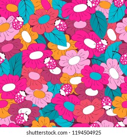 Vector floral ethnic seamless pattern in doodle style with flowers , leaves and ladybugs . Gentle, spring/summer floral background.