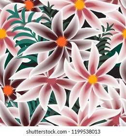 Vector floral ethnic seamless pattern in tropical style with flowers and leaves. Gentle, spring, summer floral background.