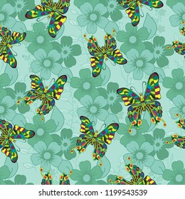 Vector floral ethnic seamless pattern in doodle style with flowers,  butterflies and leaves  . Gentle, spring/summer floral background.