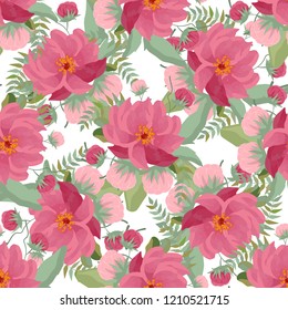 Vector floral ethnic seamless pattern in watercolor style with flowers peonies,  and leaves. Gentle, spring, summer background.