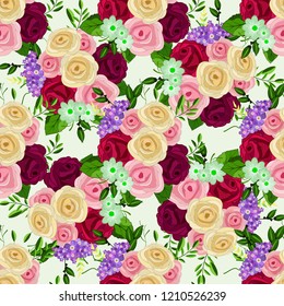 Vector floral ethnic seamless pattern in watercolor style with flowers and leaves. Gentle, spring, summer floral background.