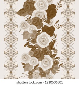 Vector floral ethnic seamless pattern in watercolor style with flowers and leaves. Gentle, spring, summer floral background. monochrome shades