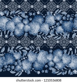 Vector floral ethnic seamless pattern in watercolor style with flowers and leaves. Gentle, spring, summer floral background. monochrome shades