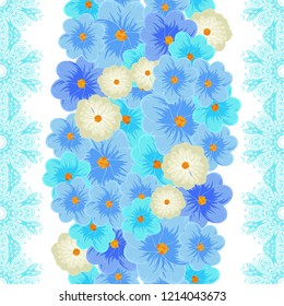 Vector floral ethnic seamless pattern in doodle style with flowers and leaves. Gentle, spring, summer floral background. decorated with lace stripe