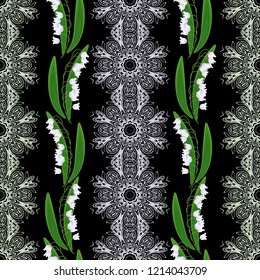 Vector floral ethnic seamless pattern in doodle style with flowers may-lily and leaves. Gentle, spring, summer floral background. decorated with lace stripe