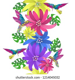 Vector floral ethnic seamless pattern in doodle style with tropic flowers, hummingbird and leaves. Gentle, spring, summer floral background.
