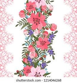 Vector floral ethnic seamless pattern in doodle style with flowers and leaves. Gentle, spring, summer floral background. decorated with lace stripe