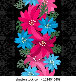 Vector floral ethnic seamless pattern in doodle style with tropic flowers and leaves. Gentle, spring, summer floral background. decorated with lace stripe