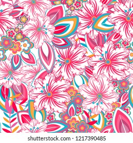Vector floral ethnic seamless pattern in doodle style with flowers and leaves. Gentle, spring, summer floral background.