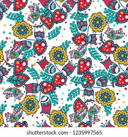 Vector floral ethnic seamless pattern in doodle style with flowers and leaves. Gentle, spring, summer floral background.