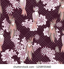 Vector floral ethnic seamless pattern in doodle style with flowers , leaves and birds . Gentle, spring, summer floral background.