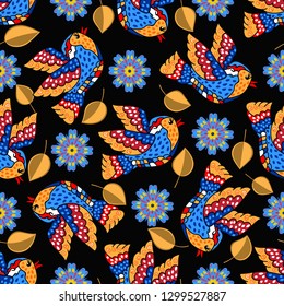 Vector floral ethnic seamless pattern in doodle style with flowers , leaves and birds . Gentle, spring, summer floral background.