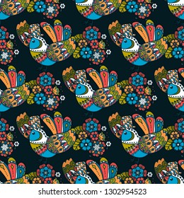 Vector floral ethnic seamless pattern in doodle style with flowers , leaves and birds . Gentle, spring or summer floral background. For cloth or baby towel
