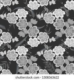 Vector floral ethnic seamless pattern in doodle style with flowers . Gentle, spring, summer floral background. Monochrome image