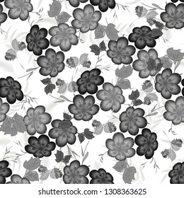 Vector floral ethnic seamless pattern in doodle style with flowers . Gentle, spring, summer floral background. Monochrome image