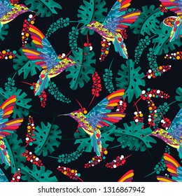Vector floral ethnic seamless pattern in doodle style. Multicolor drawing of hummingbird, flowers and leaves.  Gentle, spring, summer floral background. 