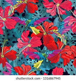 Vector floral ethnic seamless pattern in doodle style. Multicolor drawing of hummingbird, flowers and leaves.  Gentle, spring, summer floral background. 