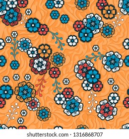 Vector floral ethnic seamless pattern in doodle style with flowers and leaves. Gentle, spring, summer floral background. Lies on an endless texture imitating the skin of an animal