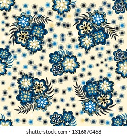 Vector floral ethnic seamless pattern in doodle style with flowers and leaves. Gentle, spring, summer floral background.