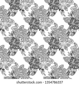 Vector floral ethnic seamless pattern in doodle style with flowers and leaves. Gentle, spring, summer floral background. Pixel art style