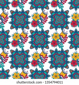 Vector floral ethnic seamless pattern in doodle style with flowers and leaves. Gentle, spring, summer floral background. Decorated with mandala elements