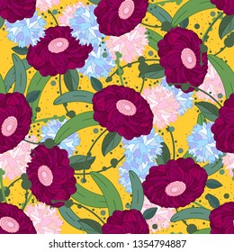 Vector floral ethnic seamless pattern in doodle style with flowers and leaves. Gentle, spring, summer floral background.