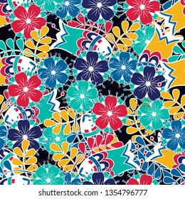 Vector floral ethnic seamless pattern in doodle style with flowers and leaves. Gentle, spring, summer floral background.