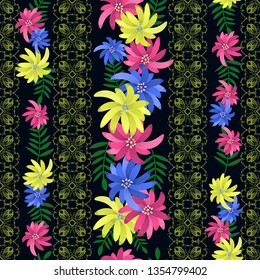 Vector floral ethnic seamless pattern in doodle style with flowers and leaves. Gentle, spring, summer floral background. Decorated with lace stripes