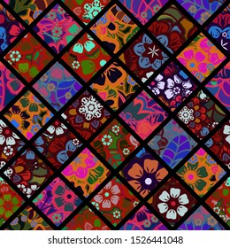 Vector floral ethnic seamless pattern  with flowers and leaves. Gentle, spring, summer floral background. Multicolor grille on top