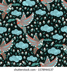 Vector floral ethnic seamless pattern in doodle style with clouds , drops and pigeons . Gentle, spring or summer  background.