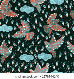 Vector floral ethnic seamless pattern in doodle style with clouds , drops and pigeons . Gentle, spring or summer  background.