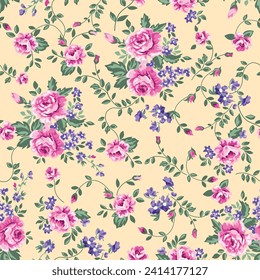 Vector floral ethnic seamless pattern in doodle style with flowers and leaves. Gentle, spring, summer floral rose flower Seamless design. Colorful abstract flowers bouquet on a cream color background.