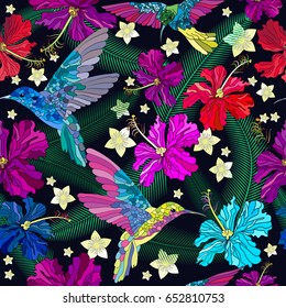Vector floral ethnic seamless pattern in doodle style with flowers , leaves and birds . Gentle, spring/summer floral background.