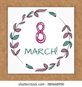 Vector Floral festive Illustration. Happy International Women's Day Greeting Card Design. Flowers wreath. Template for poster, banner, invitation, advertisement, congratulation for 8 March Day