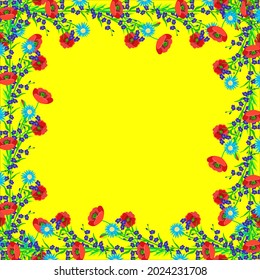 Vector - floral fieldflower frame, poppy, camomile and forget-me-not, watercolor illustration.