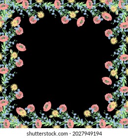 Vector - floral fieldflower frame, poppy, camomile and forget-me-not, watercolor illustration.