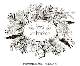 Vector Floral Flexible Art Brushes Collection. Size and Shape Adjustable. Decorative Hand Drawn Flowers and Leaves, Orchid, Cherry Blossom, Fern Leaf, Peony. Vector Illustration