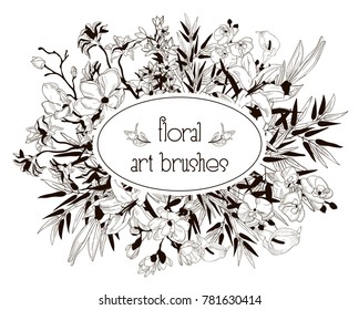 Vector Floral Flexible Art Brushes Collection. Size and Shape Adjustable. Decorative Hand Drawn Flowers and Leaves, Orchid, Cherry Blossom, Bamboo Leaves, Lily, Calla-lily. Vector Illustration