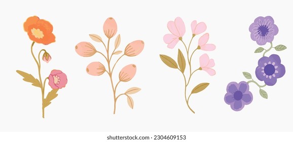Vector Floral Flower Bud Blossom Sweet Flower Isolated on White Set