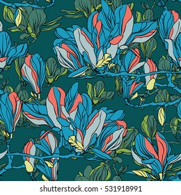 Vector floral with flowers Magnolia. Branch of blossom magnolia hand drawn.