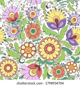 Vector floral folk art seamless hand drawn ethnic pattern. Ukrainian style botanical elements. Slavic applied art opishnya illustration