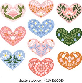 Vector floral folk art Valentine's day hearts clip art set isolated on a white background