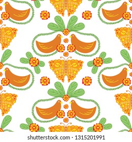 Vector floral folk seamless pattern with birds, butterflies, and flowers. Orange, red and green bright print on a white background. Perfect for folk themed projects, fabric, wallpaper.