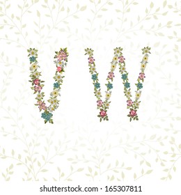 Vector floral font. Letters V, W