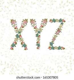 Vector floral font. Letters X, Y, Z