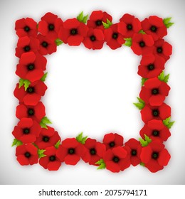 Vector Floral Frame with 3d Illustrations of Red Poppies. Isolated on White Background. Square Empty Space. Anzac Day Design.