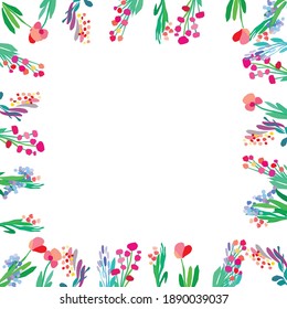 Vector floral frame. Abstract flowers on white background. Spring illustration. Invitation or greeting card template